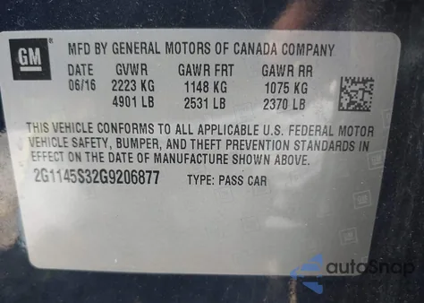 2016 Chevrolet Impala 2Lz from USA, damaged, VIN 2G1145S32G9206877